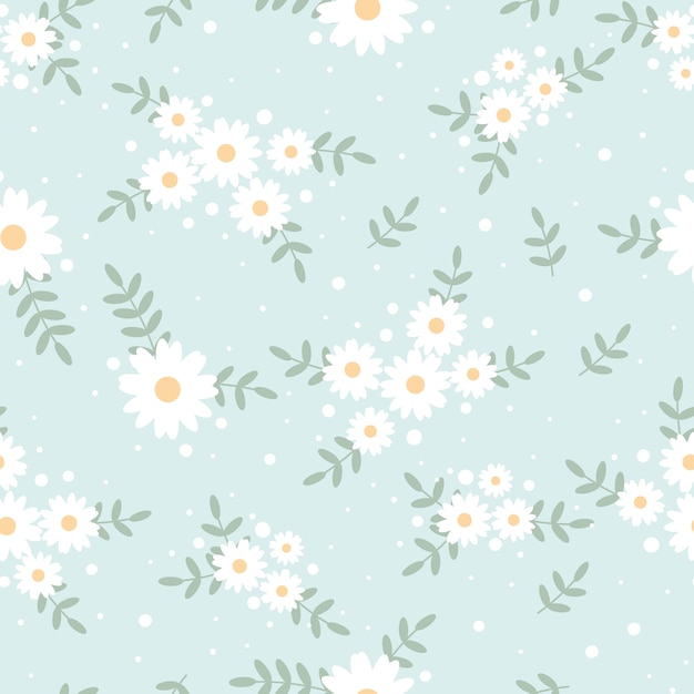 Premium Vector Cute Flat Style Tiny White Daisy Flower On Blue Background Seamless Pattern