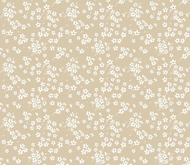 小さな白い花のかわいい花柄 シームレスなテクスチャ ベージュの背景 プレミアムベクター