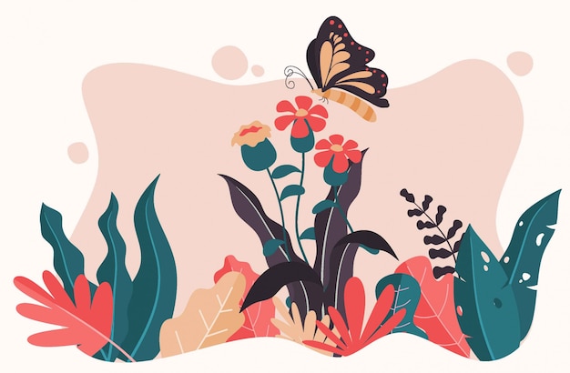 かわいい花と蝶のイラスト プレミアムベクター