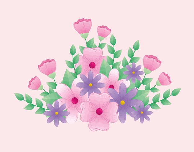 Premium Vector Cute Flowers Pink And Purple Color With Branches And Leaves