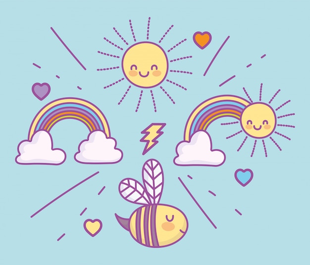かわいい空飛ぶ蜂虹calouds太陽素敵な漫画イラスト プレミアムベクター