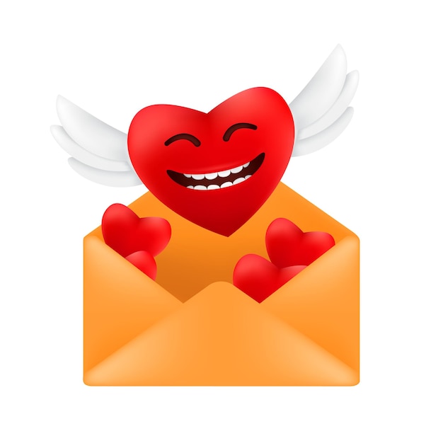 白い背景で隔離バレンタインデーに面白い顔の感情を持つ赤いハートの封筒のイラストから天使の羽を持つかわいい空飛ぶハート プレミアムベクター