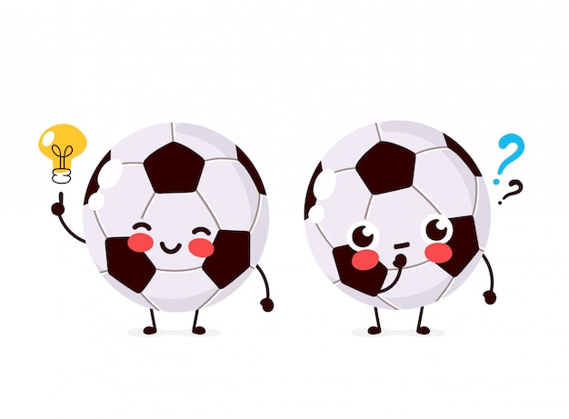 疑問符と電球の文字がかわいいサッカーボール フラット漫画キャラクターイラストアイコンデザイン 白い背景で隔離されました サッカーボールのアイデアコンセプト プレミアムベクター