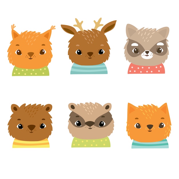 衣装 リス キツネ 猫 鹿 熊 アナグマ タヌキ 子供たちの幸せそうな顔のかわいい森の動物 無料のベクター