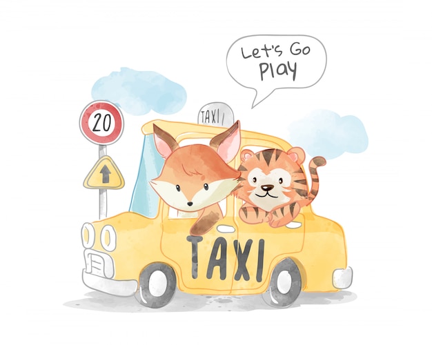 かわいいキツネと黄色のタクシーイラストのトラ プレミアムベクター