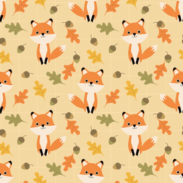 Cute fox and autumn leaves seamless pattern. | Premium Vector