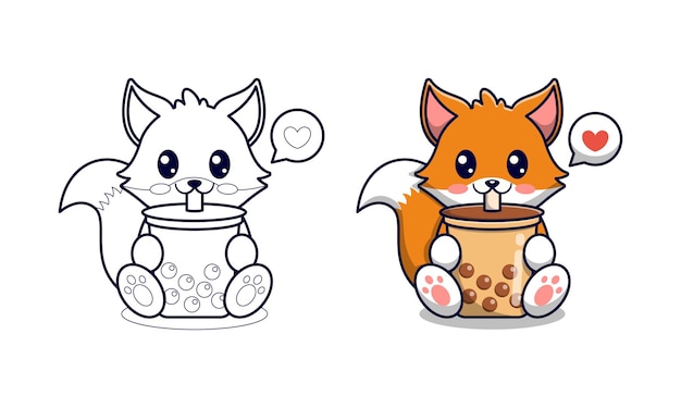 Premium Vector Cute Fox Drinking Bubble Tea Cartoon Coloring Pages For Kids