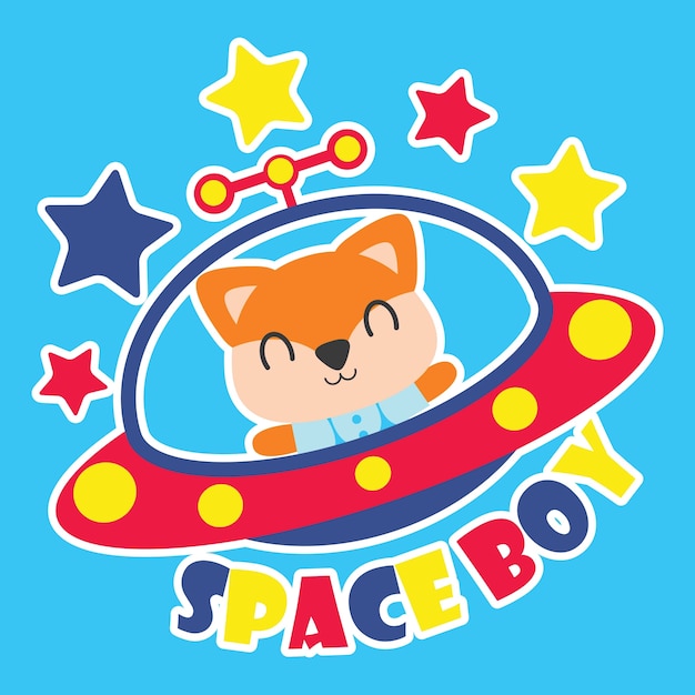 かわいいキツネは宇宙少年のベクトル漫画のイラスト子供のtシャツのデザイン 子供の保育園の壁やグラフィックの壁紙としてufoを飛ぶ プレミアムベクター