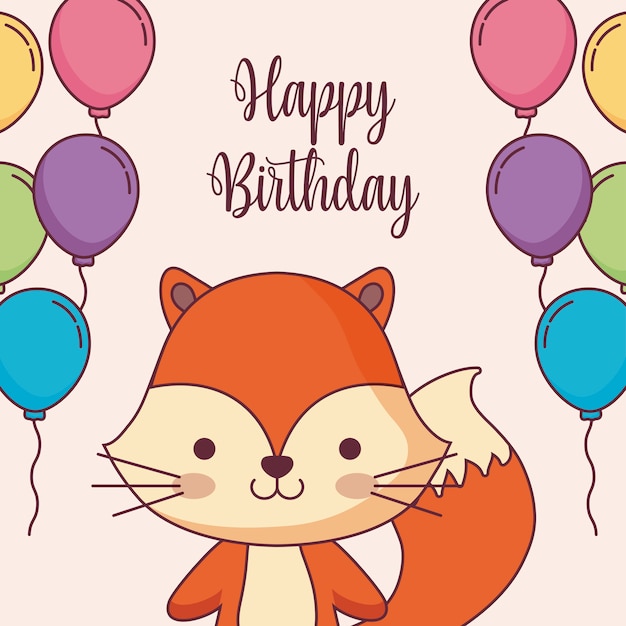 Premium Vector | Cute fox happy birthday card with balloons helium