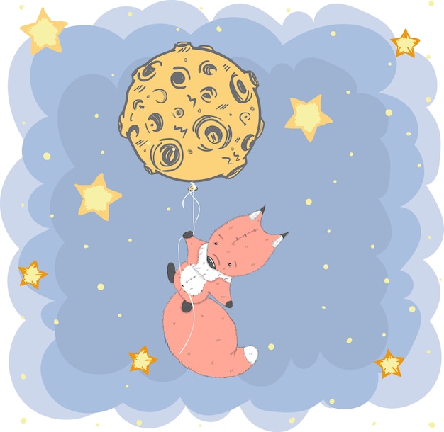 Premium Vector | Cute fox on the moon cartoon hand drawn