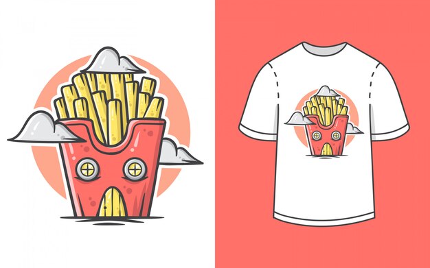 Tシャツデザインのかわいいフライドポテトの家イラスト プレミアムベクター