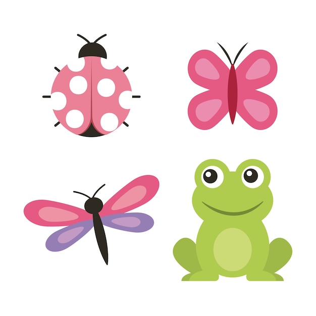 Cute frog dragonfly butterfly ladybug | Premium Vector