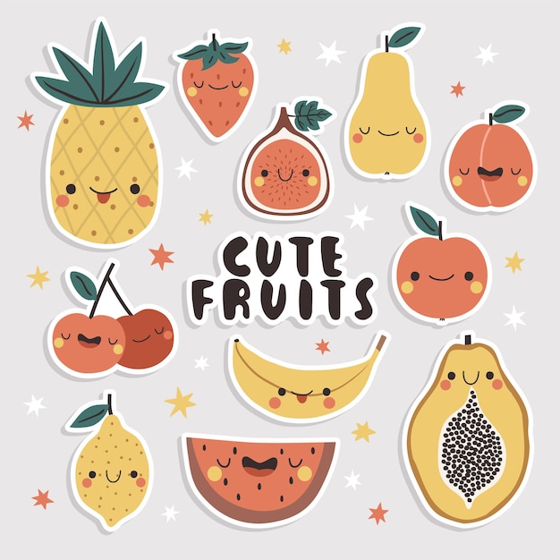 かわいいフルーツステッカーセット 漫画のパパイヤ マンゴー リンゴ 梨 イチジク パイナップル バナナ 桃の変な顔 プレミアムベクター