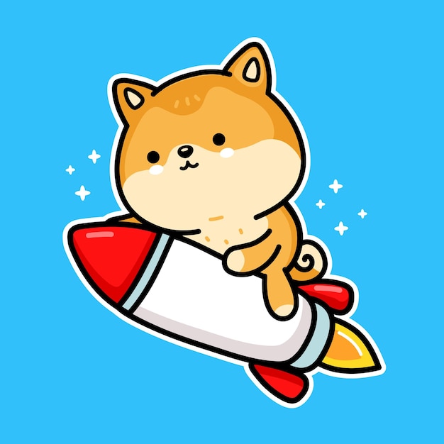 かわいい面白い秋田犬犬ドージコインキャラクターがロケットで飛ぶ ベクトル手描き漫画カワイイキャラクターイラスト 暗号通貨 ドージコインロケットアップ漫画のキャラクターの概念 プレミアムベクター