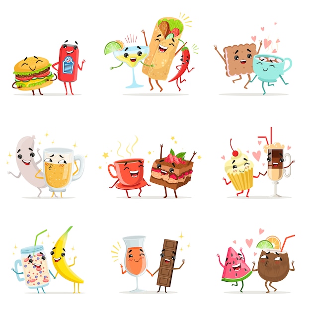 Cute funny food characters having fun  illustrations Premium Vector