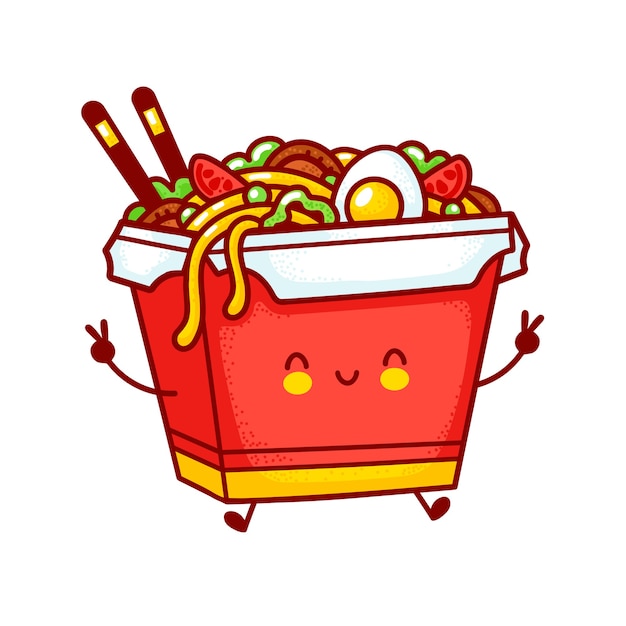 かわいい面白い幸せなwokヌードルボックスのキャラクター フラットライン漫画カワイイキャラクターイラストロゴアイコン 白い背景で隔離 アジア料理 麺 鍋ボックスのキャラクターコンセプト プレミアムベクター
