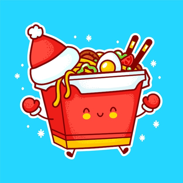 クリスマスの帽子のかわいい面白い幸せなwokヌードルボックスの文字 フラットライン漫画カワイイキャラクターイラストアイコン 白い背景 で隔離アジア料理 麺 Wokボックスのキャラクターコンセプト プレミアムベクター