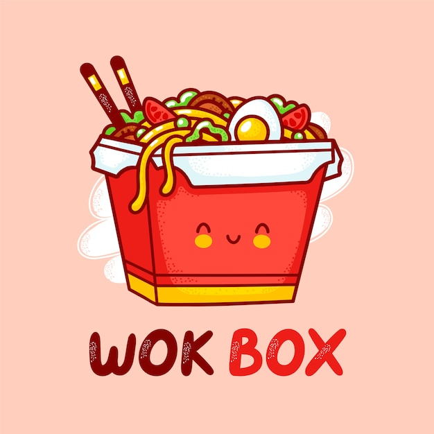 かわいい面白い幸せなwokヌードルボックスのキャラクターのロゴのテンプレート フラットライン漫画カワイイキャラクターイラストアイコン 白い背景で隔離 アジア料理 麺 ワークボックスのキャラクターのロゴのコンセプト プレミアムベクター