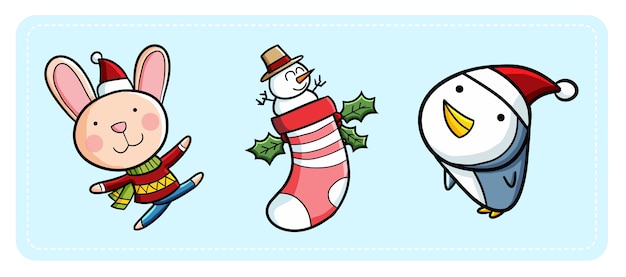 かわいい面白いかわいいウサギとクリスマスのサンタさんの帽子をかぶったペンギン プレミアムベクター