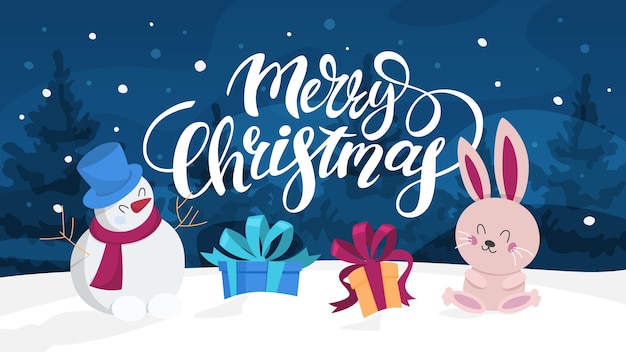 かわいい面白いメリークリスマスポストカード装飾 背景の森とグリーティングカードメリークリスマス 雪だるまとうさぎ 綺麗な 漫画のスタイルのイラスト プレミアムベクター