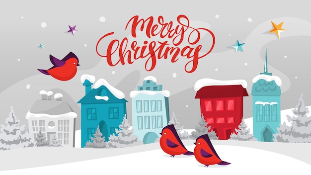 かわいい面白いメリークリスマスポストカード装飾 背景に町とグリーティングカードメリークリスマス 赤い鳥が飛んでいます 綺麗な 漫画のスタイルのイラスト プレミアムベクター