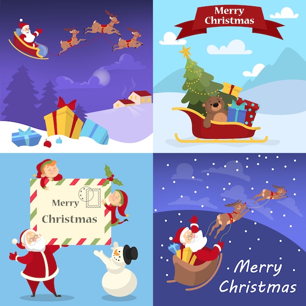 かわいい面白いメリークリスマスポストカード装飾セット クリスマスの装飾のグリーティングカード 綺麗な 漫画のスタイルのイラスト プレミアムベクター