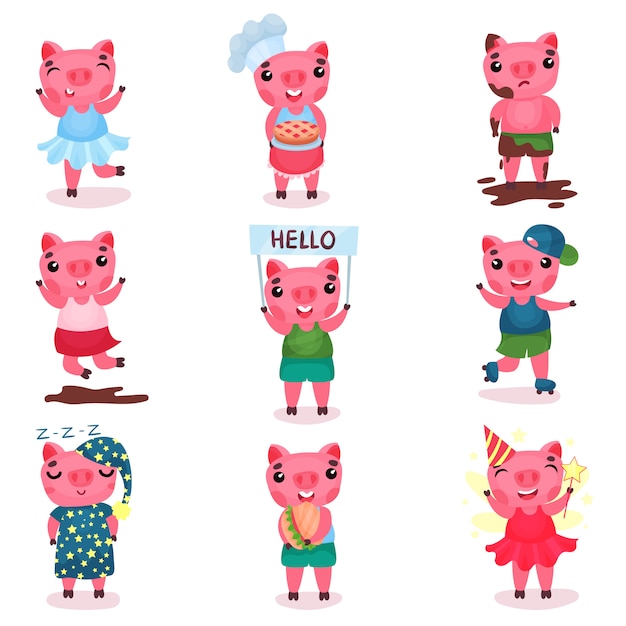 かわいい面白い豚のキャラクターセット さまざまなポーズでブタの男の子と女の子 状況漫画イラスト プレミアムベクター