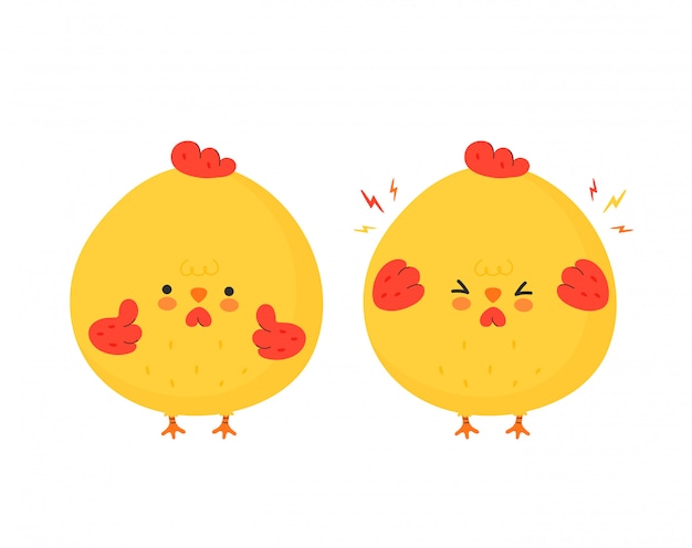 かわいい面白い悲しい 幸せな鶏のコック 漫画のキャラクターイラストアイコンデザイン 分離されました プレミアムベクター