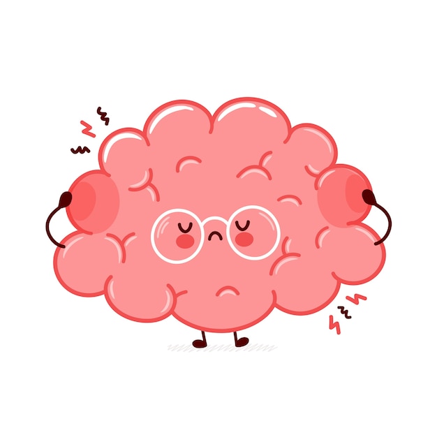 かわいい面白い悲しい人間の脳器官のキャラクター フラットライン漫画カワイイキャラクターイラストアイコン 白い背景で隔離 脳器官ストレスキャラクターコンセプト プレミアムベクター