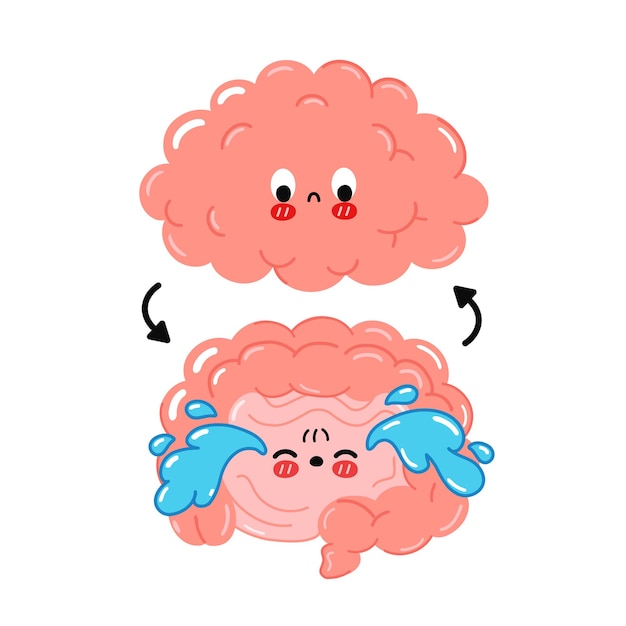 かわいい面白い悲しい人間の腸 脳の接続 ベクトル漫画かわいいキャラクターイラストアイコン 白い背景で隔離 脳 腸のパートナーの問題 神経漫画落書きキャラクターコンセプト プレミアムベクター