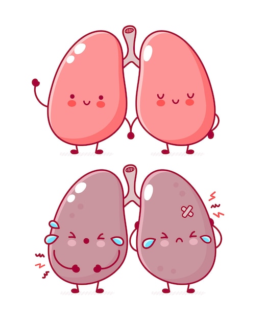 Premium Vector | Cute funny and sick sad human lungs organ character