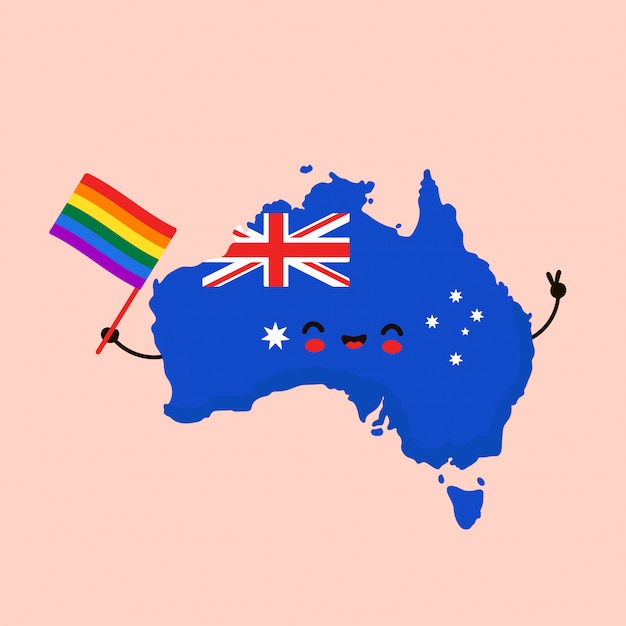 かわいい面白い笑顔幸せなオーストラリア地図と虹lgbtゲイフラグとフラグの文字 漫画キャライラスト オーストラリア人権 Lgbtq ゲイプライドのコンセプト プレミアムベクター