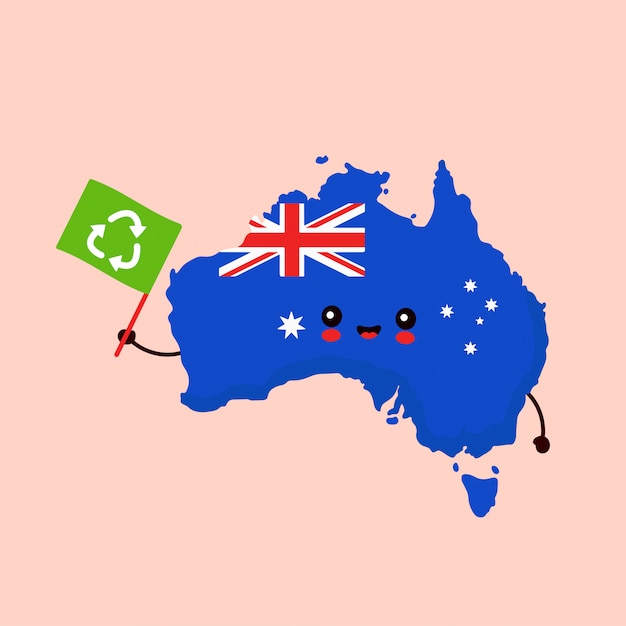 かわいい面白い笑顔幸せカワイイオーストラリア地図文字とリサイクルフラグ 漫画キャラクターイラストアイコン オーストラリアの生態学 リサイクルの概念 プレミアムベクター