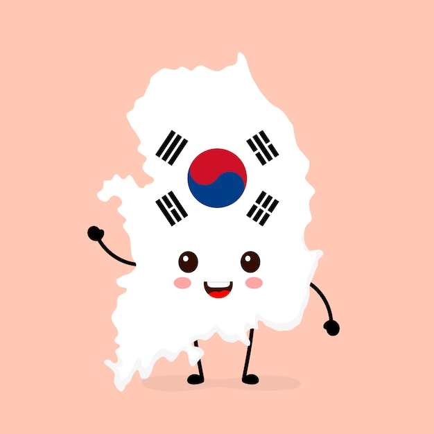 かわいい面白い笑顔幸せ韓国地図とフラグ文字 プレミアムベクター