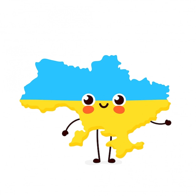かわいい面白い笑顔幸せなウクライナ地図とフラグ文字 プレミアムベクター