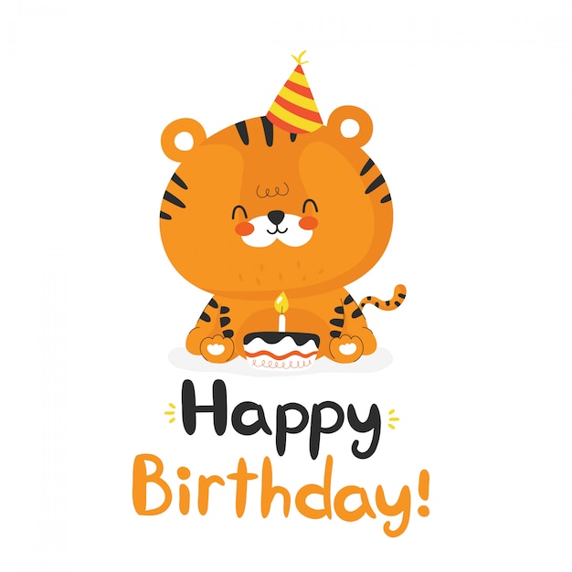 カップケーキとかわいい面白い虎 お誕生日おめでとう手描きスタイルカード フラット漫画キャラクターイラストアイコンデザイン 分離されました プレミアムベクター