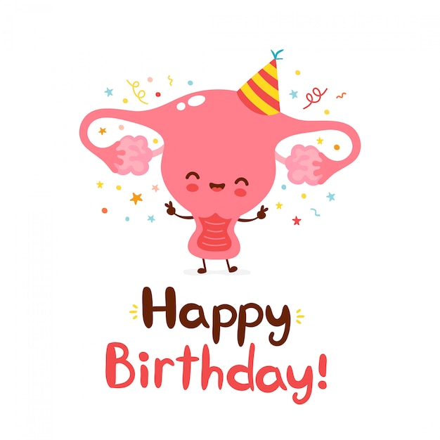 かわいい面白い子宮臓器 お誕生日おめでとう手描きスタイルカード フラット漫画キャラクターイラストアイコンデザイン 分離されました プレミアムベクター