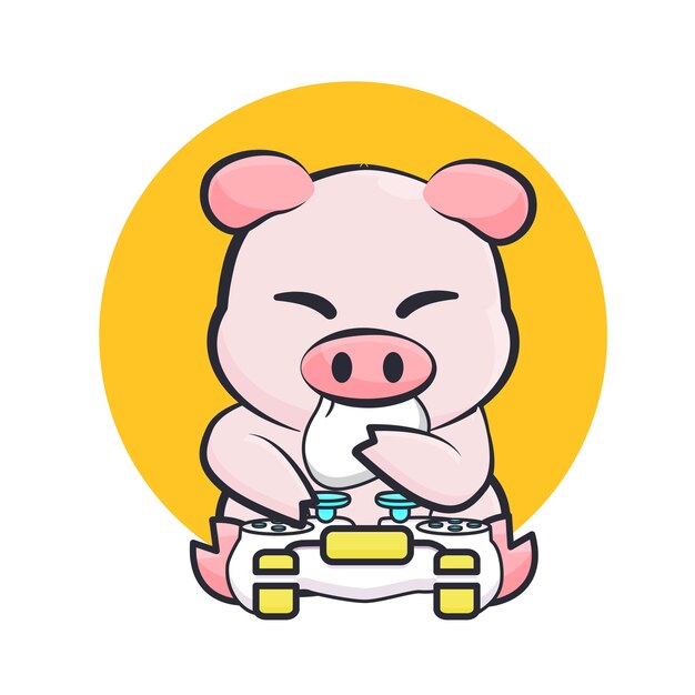 バオ漫画イラストを食べるかわいいゲーム豚 プレミアムベクター