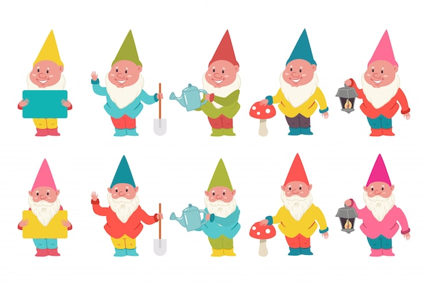 Cute Garden Gnomes Cartoon Characters Set Premium Vector