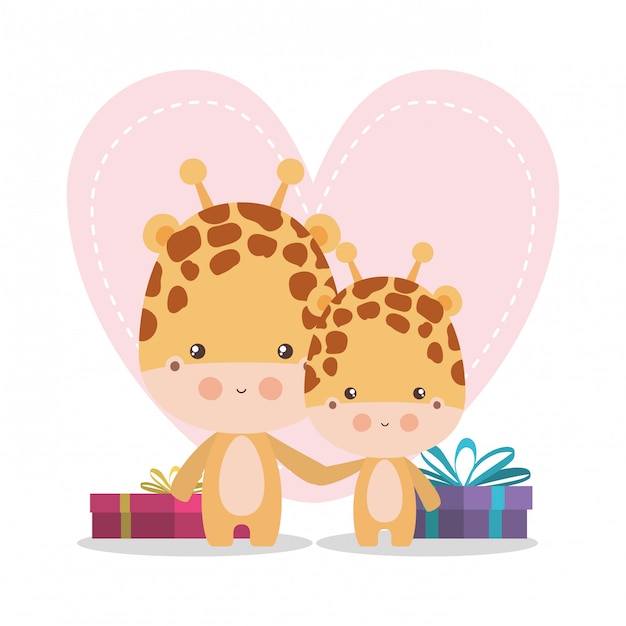 Cute giraffe cartoon mother and baby | Premium Vector