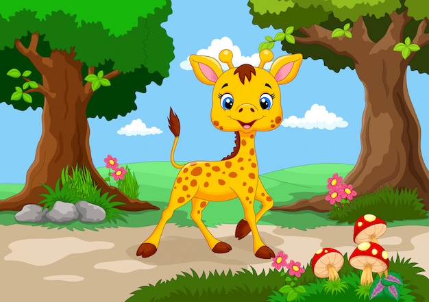 Premium Vector | Cute giraffe in the jungle cartoon