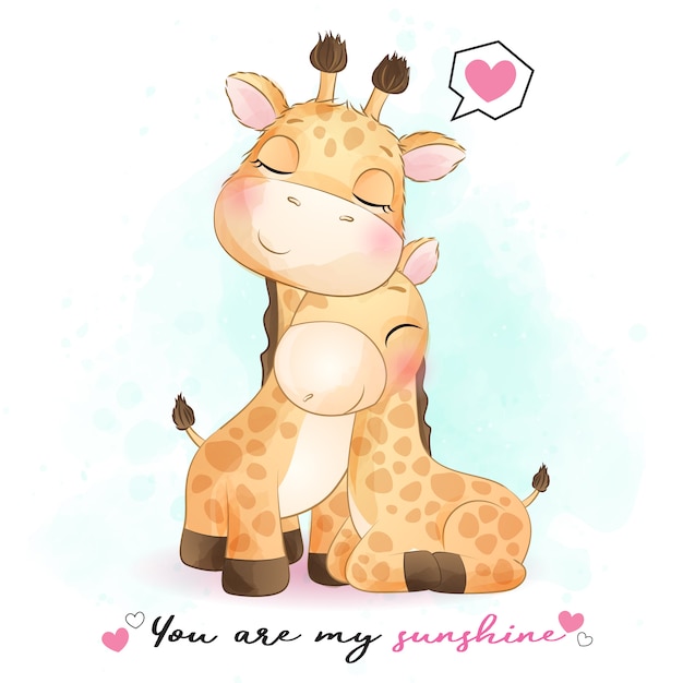 Cute giraffe mother and baby illustration | Premium Vector