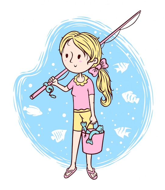 かわいい女の子と魚のイラスト プレミアムベクター