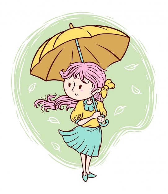 かわいい女の子と傘のイラスト プレミアムベクター