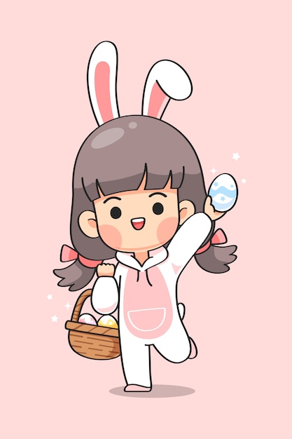 Download Cute girl in bunny suit with rabbit ears carry basket of ...