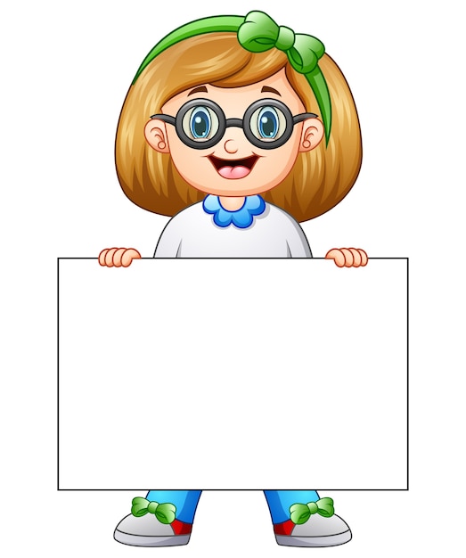 Premium Vector Cute Girl Cartoon Holding Blank Sign 8513