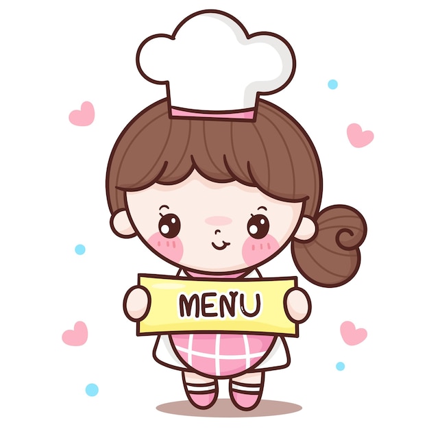 Premium Vector Cute Girl Chef Cartoon Holding Menu Board Kawaii