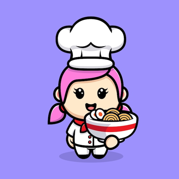 ラーメンマスコットデザインのかわいい女の子シェフ プレミアムベクター