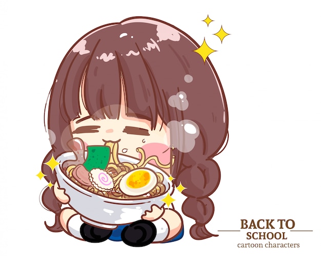 かわいい女の子の子供学生の制服は 学校に戻って麺を食べます 漫画イラストプレミアムベクトル プレミアムベクター