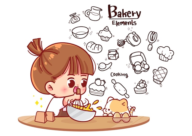 キッチンとパン屋で料理をしているかわいい女の子落書き要素漫画アートイラスト 無料のベクター